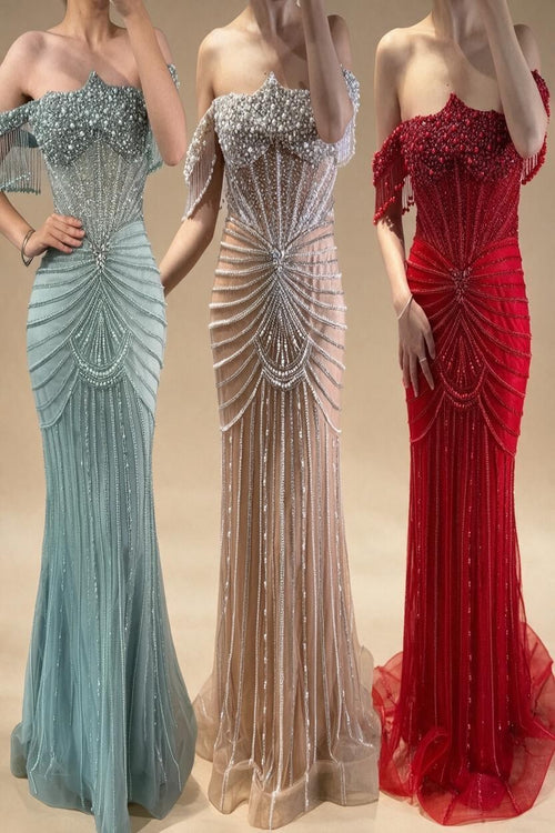 Zapdress Red Mermaid Beaded Pearl Off-Shoulder Evening Gown 2026 High End Couture Party Dress for Women Customized DLA73148A (ZD17309)