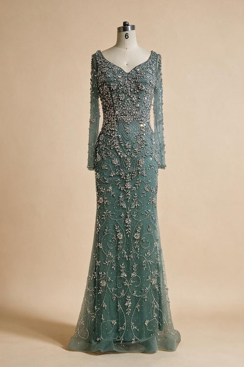 Zapdress Turquoise V-neck Long Sleeve Mermaid Beaded Evening Dresses 2025 Luxury Party Gowns for Women DLA73042 Customized (ZD17314)