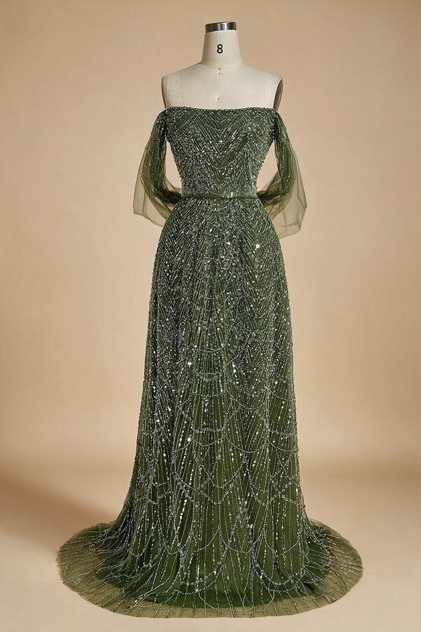 Zapdress 2025 Customized Dubai Olive Green A Line Off Shoulder Evening Dresses With Pearl Beaded Design For Party DLA72738A (ZD17321)