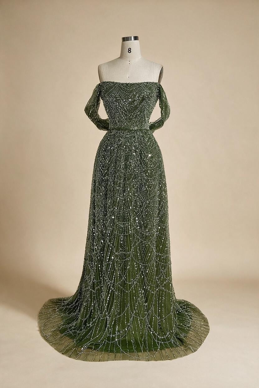 Zapdress 2025 Customized Dubai Olive Green A Line Off Shoulder Evening Dresses With Pearl Beaded Design For Party DLA72738A (ZD17321)