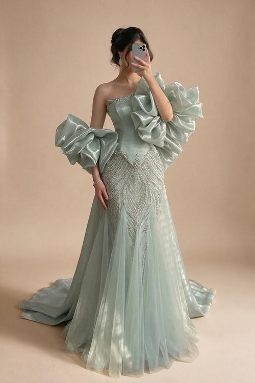Zapdress Luxury Sage Green Mermaid Evening Dress with Cape 2026 Elegant Beaded Party Gowns for Women DLA73201 Customized (ZD17322)