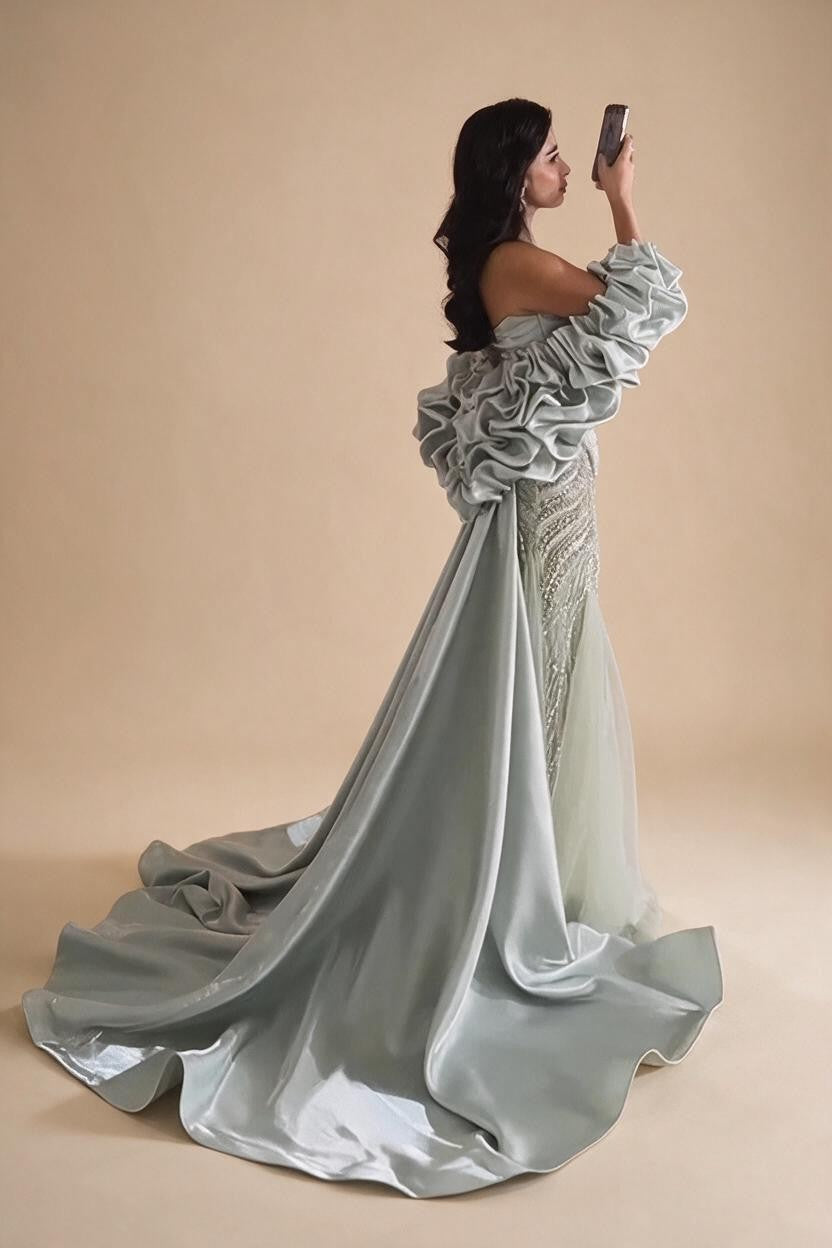 Zapdress Luxury Sage Green Mermaid Evening Dress with Cape 2026 Elegant Beaded Party Gowns for Women DLA73201 Customized (ZD17322)
