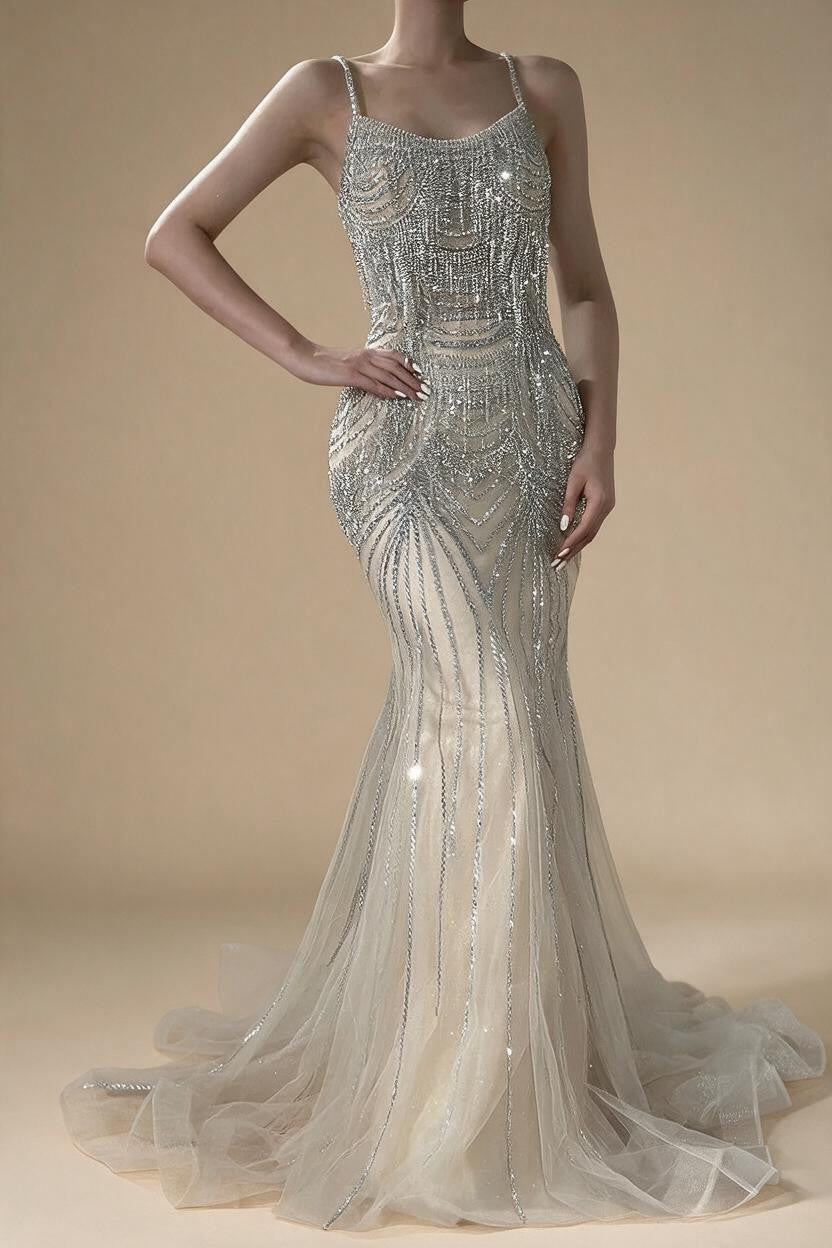 Zapdress 2025 Elegant Silver Nude Spaghetti Strap Mermaid Evening Dress with Beaded Tassels for Party DLA72772 Customized (ZD17325)