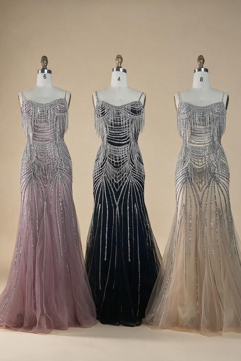 Zapdress 2025 Elegant Silver Nude Spaghetti Strap Mermaid Evening Dress with Beaded Tassels for Party DLA72772 Customized (ZD17325)