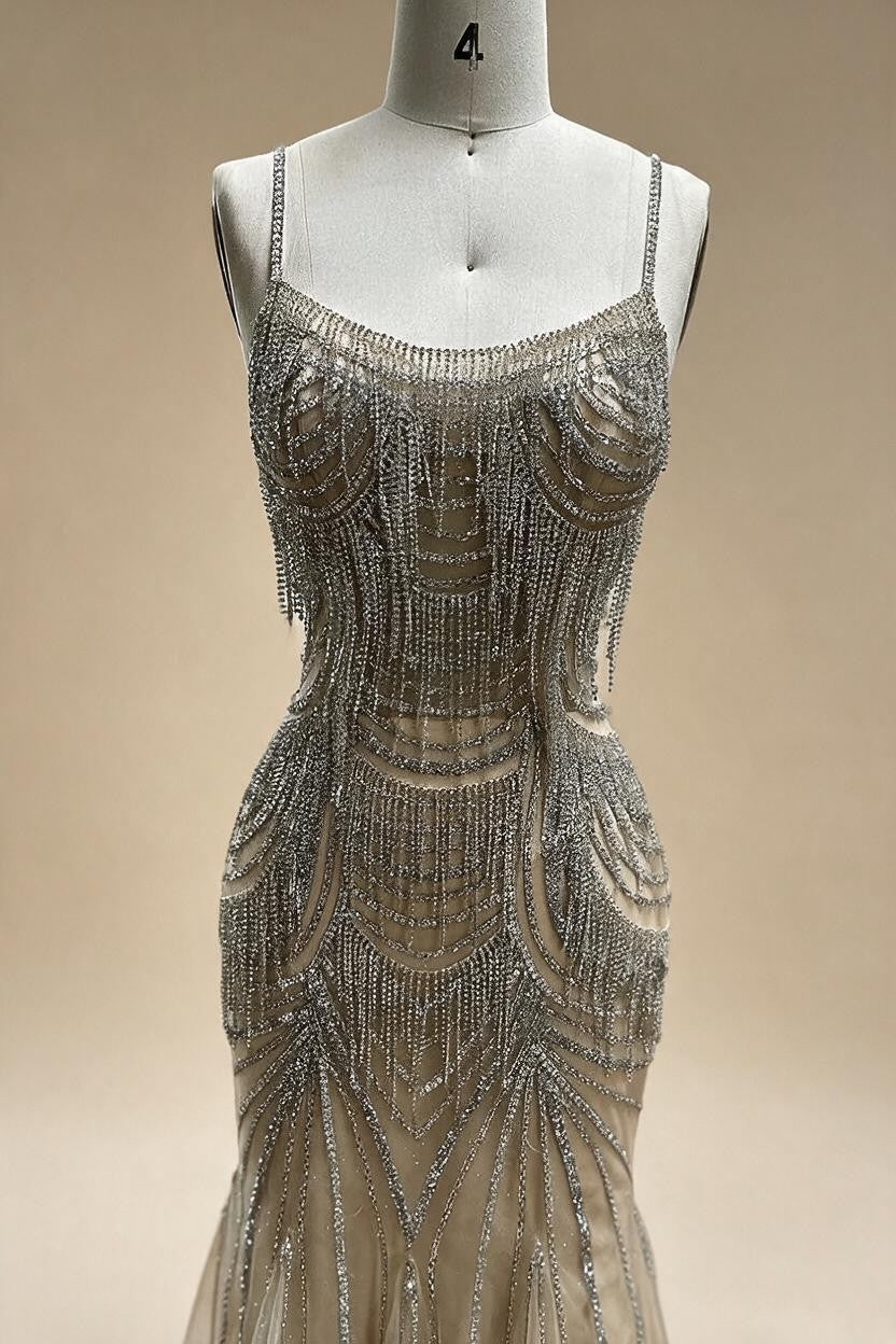 Zapdress 2025 Elegant Silver Nude Spaghetti Strap Mermaid Evening Dress with Beaded Tassels for Party DLA72772 Customized (ZD17325)