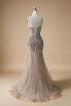 Zapdress 2025 Elegant Silver Nude Spaghetti Strap Mermaid Evening Dress with Beaded Tassels for Party DLA72772 Customized (ZD17325)