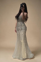Zapdress 2025 Elegant Silver Nude Spaghetti Strap Mermaid Evening Dress with Beaded Tassels for Party DLA72772 Customized (ZD17325)