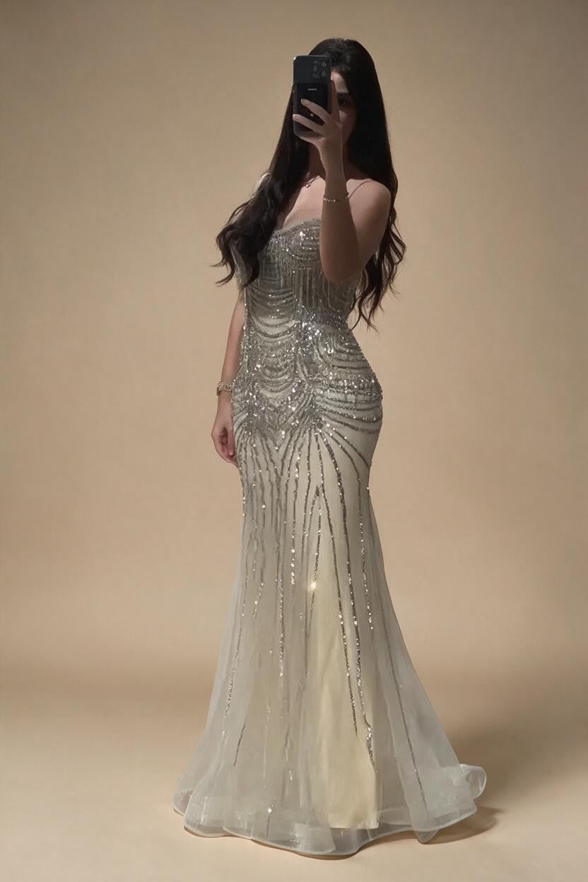Zapdress 2025 Elegant Silver Nude Spaghetti Strap Mermaid Evening Dress with Beaded Tassels for Party DLA72772 Customized (ZD17325)