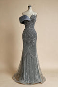Zapdress 2025 Dubai Grey Mermaid One Shoulder Beaded Long Evening Dresses Gowns For Formal Occasion DLA72650 Customized (ZD17326)
