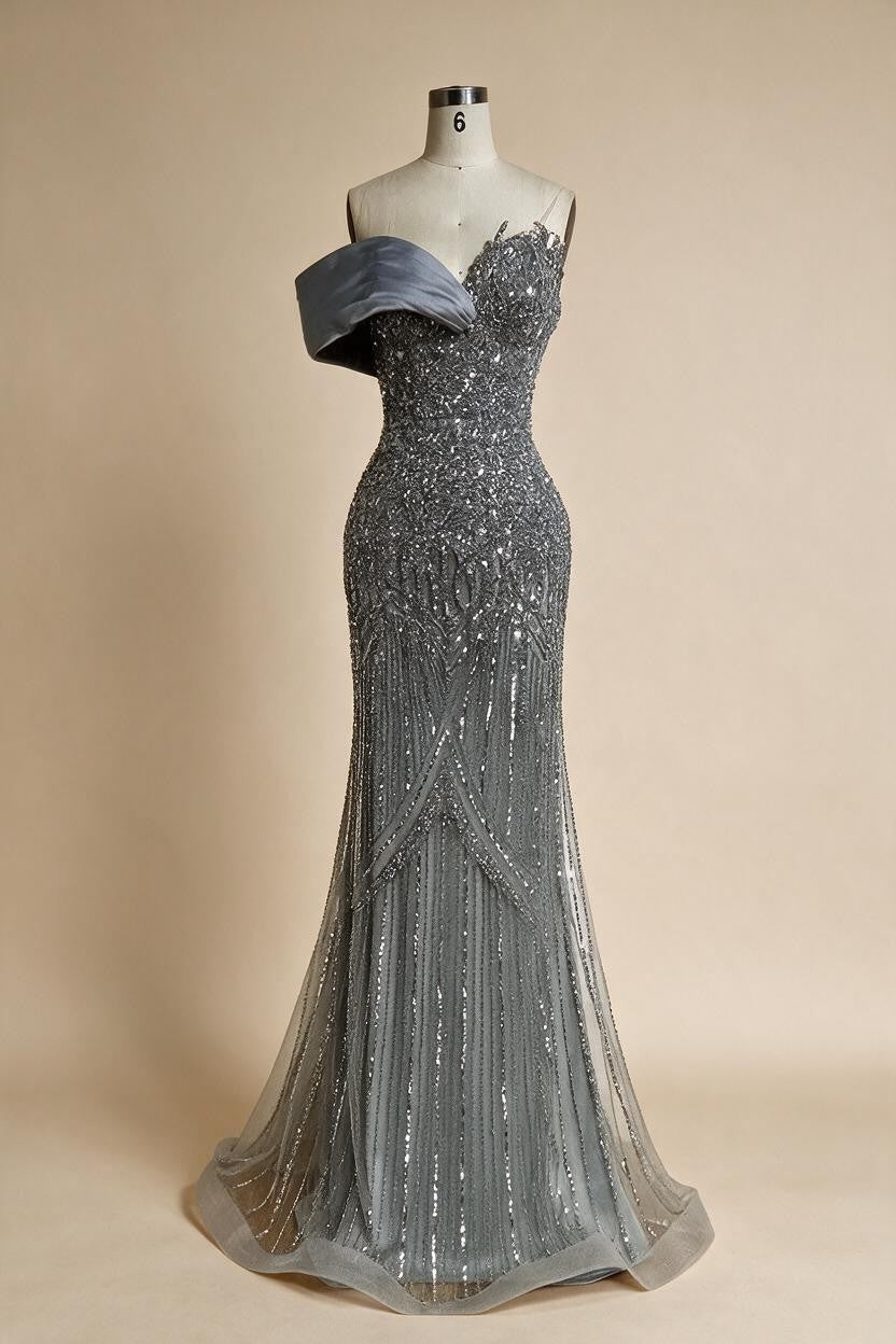 Zapdress 2025 Dubai Grey Mermaid One Shoulder Beaded Long Evening Dresses Gowns For Formal Occasion DLA72650 Customized (ZD17326)