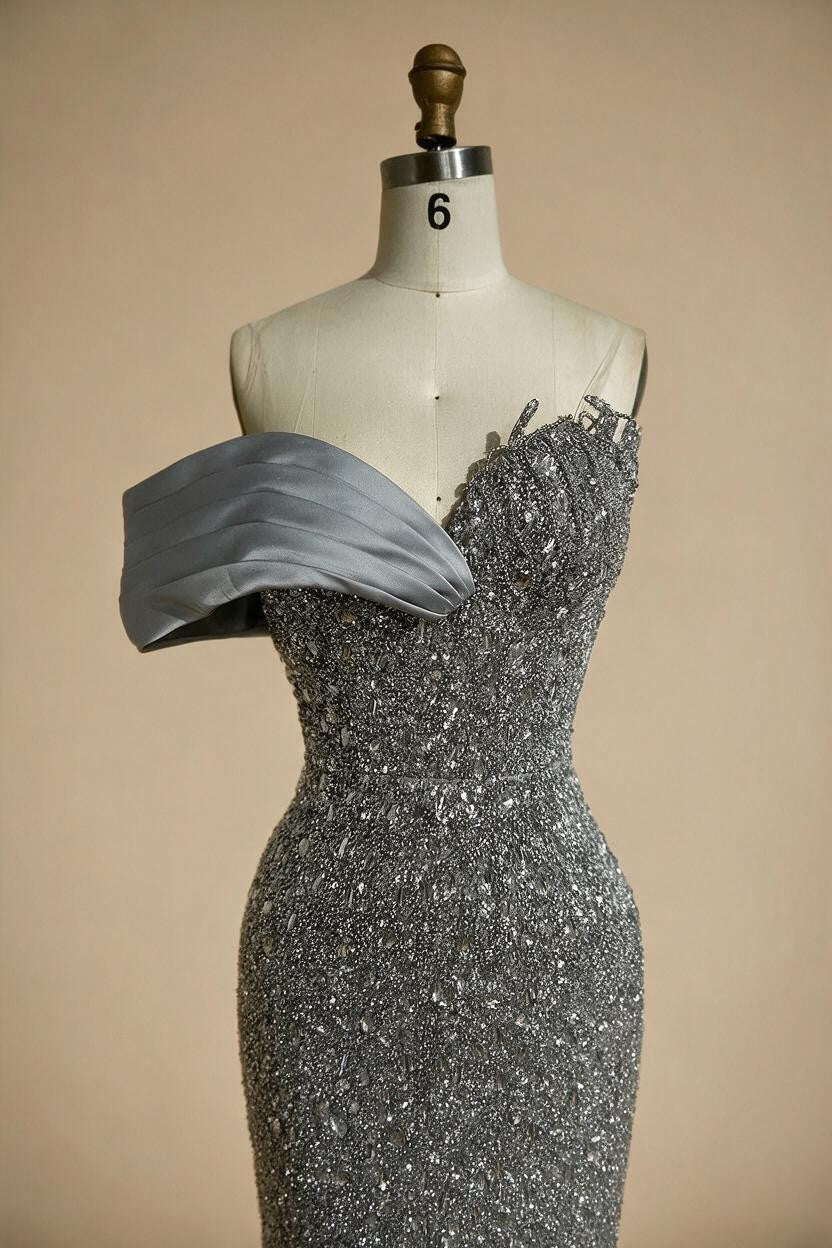 Zapdress 2025 Dubai Grey Mermaid One Shoulder Beaded Long Evening Dresses Gowns For Formal Occasion DLA72650 Customized (ZD17326)