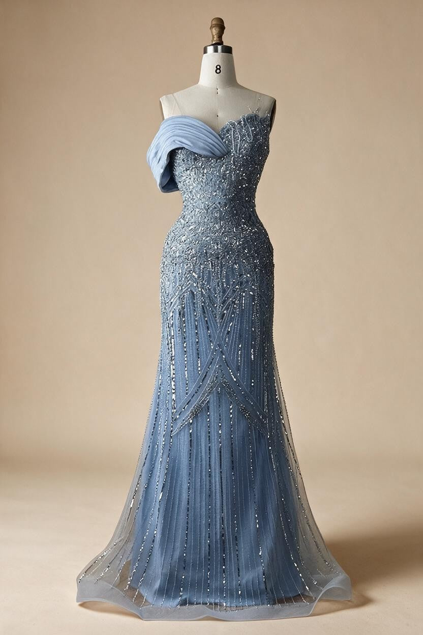 Zapdress 2025 Dubai Grey Mermaid One Shoulder Beaded Long Evening Dresses Gowns For Formal Occasion DLA72650 Customized (ZD17326)