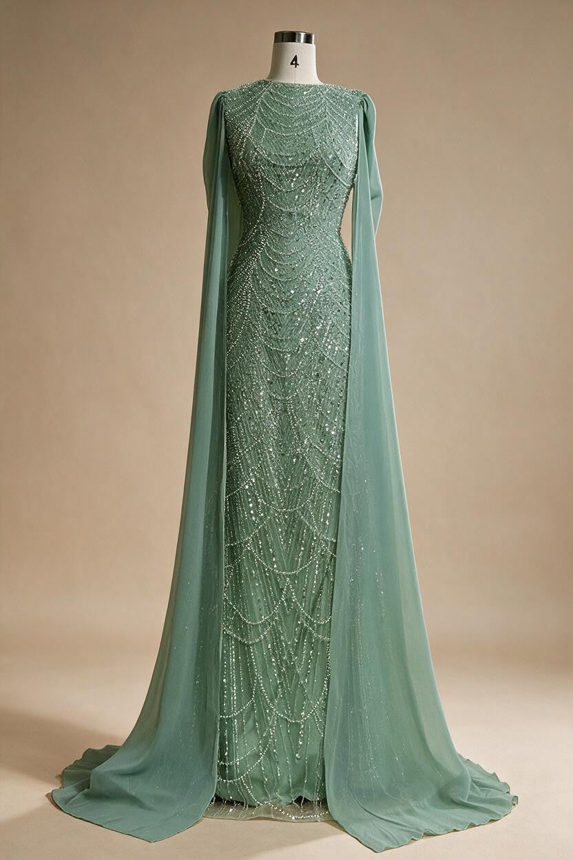 Elegant Dubai Sage Green Mermaid Evening Dress with Cape Sleeves Beaded Formal Gown Zapdress 2025 Customized DLA72160A (ZD17330)