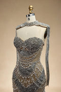 Zapdress Nude Strapless Mermaid Pearls Beaded Evening Gowns Luxury Party Dress with Tassel DLA72876 Customized (ZD17335)