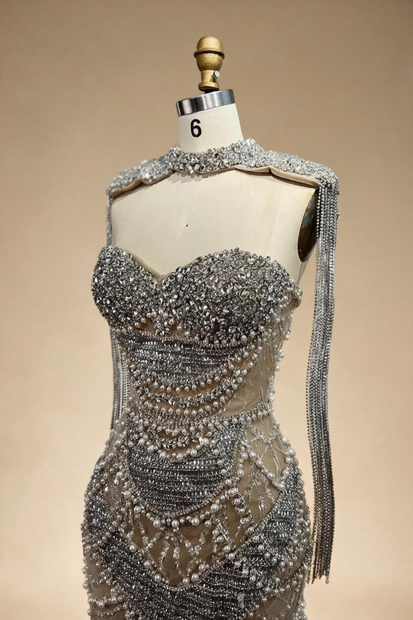 Zapdress Nude Strapless Mermaid Pearls Beaded Evening Gowns Luxury Party Dress with Tassel DLA72876 Customized (ZD17335)