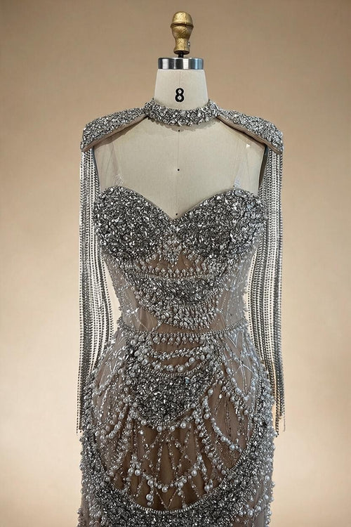 Zapdress Nude Strapless Mermaid Pearls Beaded Evening Gowns Luxury Party Dress with Tassel DLA72876 Customized (ZD17335)