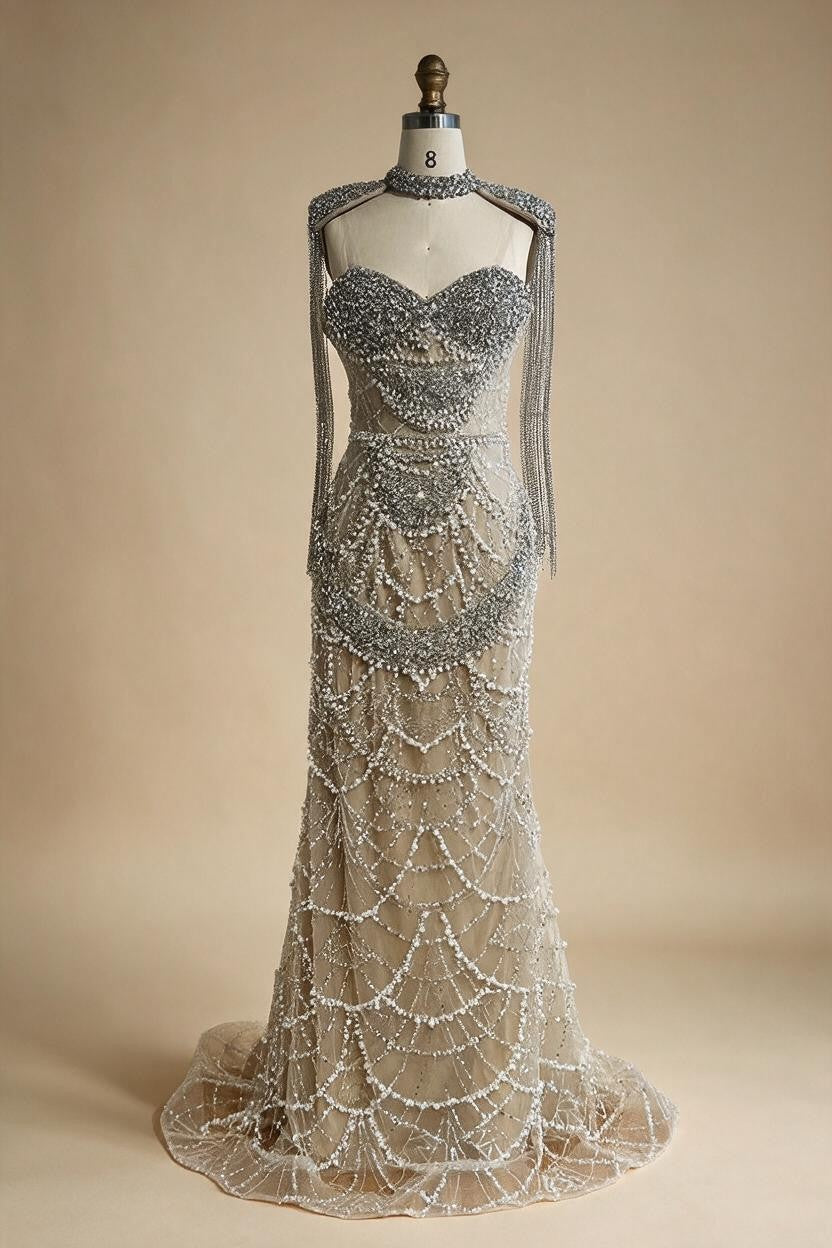 Zapdress Nude Strapless Mermaid Pearls Beaded Evening Gowns Luxury Party Dress with Tassel DLA72876 Customized (ZD17335)