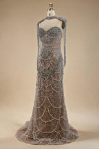 Zapdress Nude Strapless Mermaid Pearls Beaded Evening Gowns Luxury Party Dress with Tassel DLA72876 Customized (ZD17335)