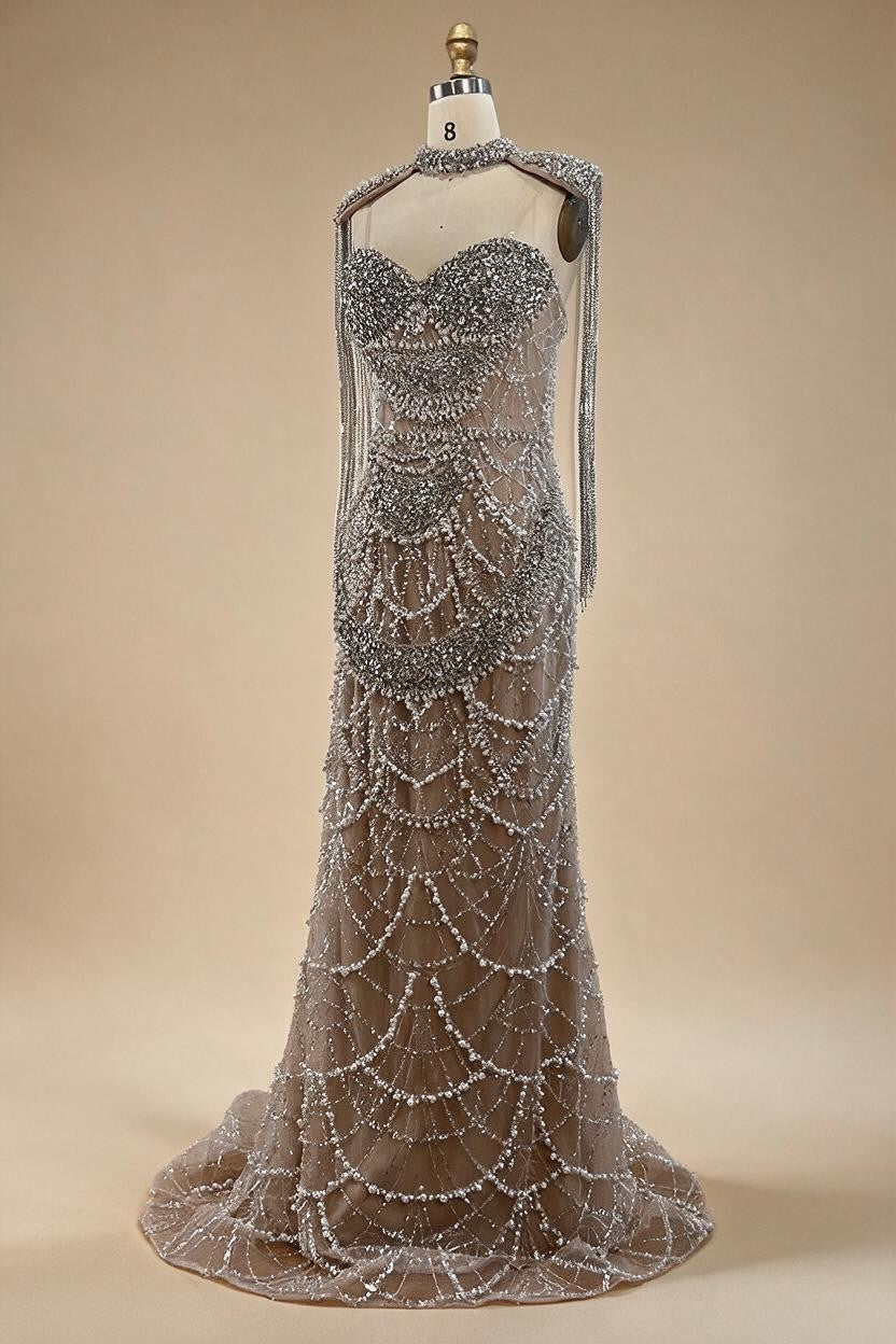 Zapdress Nude Strapless Mermaid Pearls Beaded Evening Gowns Luxury Party Dress with Tassel DLA72876 Customized (ZD17335)