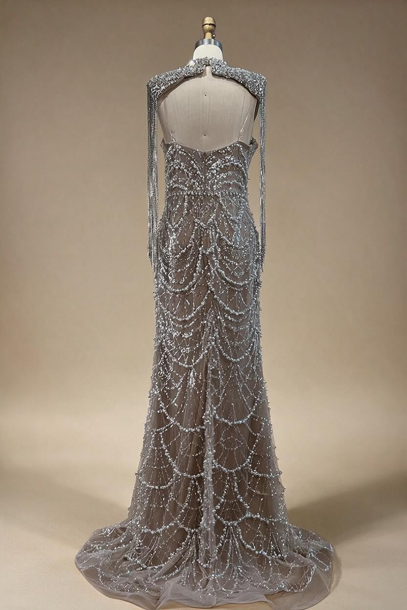 Zapdress Nude Strapless Mermaid Pearls Beaded Evening Gowns Luxury Party Dress with Tassel DLA72876 Customized (ZD17335)