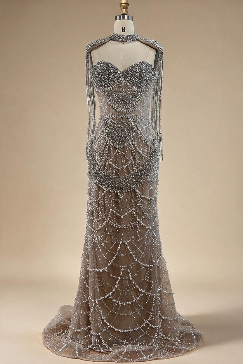 Zapdress Nude Strapless Mermaid Pearls Beaded Evening Gowns Luxury Party Dress with Tassel DLA72876 Customized (ZD17335)