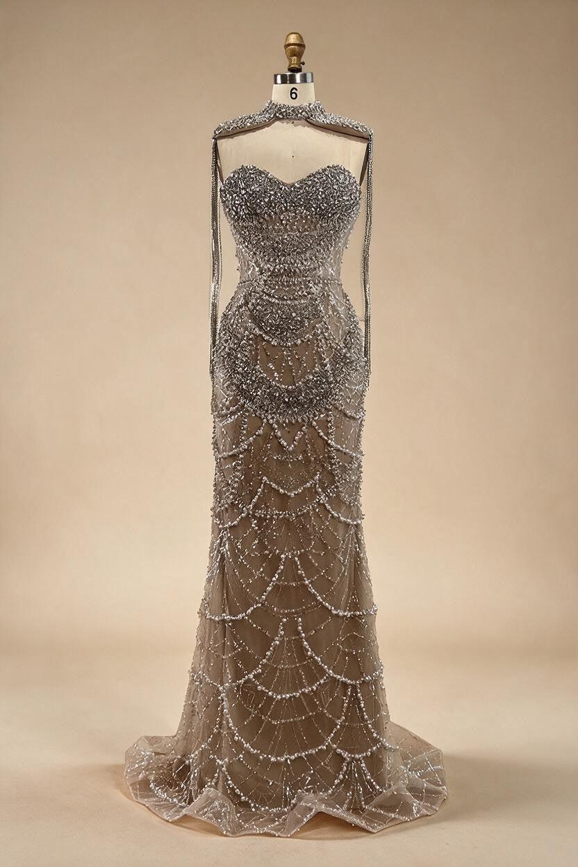 Zapdress Nude Strapless Mermaid Pearls Beaded Evening Gowns Luxury Party Dress with Tassel DLA72876 Customized (ZD17335)