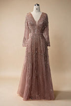 Zapdress Ccustomized Rose Gold Long Sleeves A-Line Beaded Evening Party Gowns Mother of the Bride Dress DLA70287L (ZD17336)
