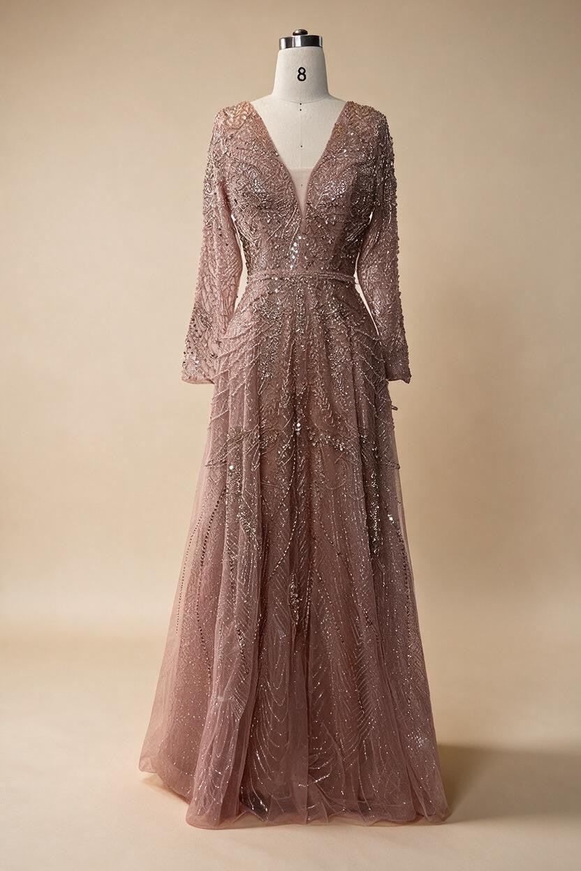 Zapdress Ccustomized Rose Gold Long Sleeves A-Line Beaded Evening Party Gowns Mother of the Bride Dress DLA70287L (ZD17336)