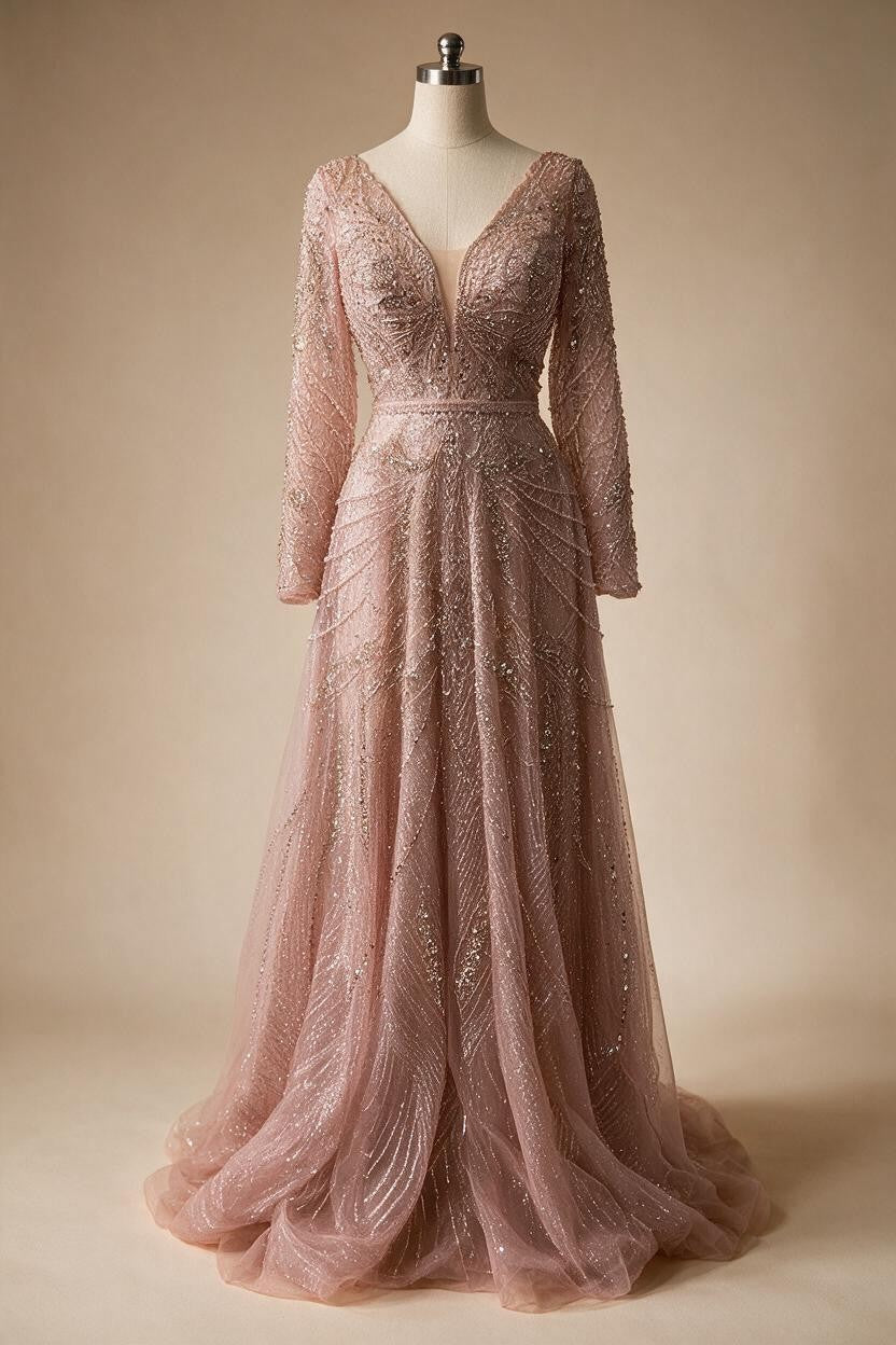 Zapdress Ccustomized Rose Gold Long Sleeves A-Line Beaded Evening Party Gowns Mother of the Bride Dress DLA70287L (ZD17336)