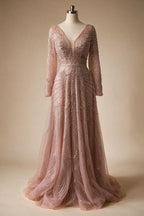 Zapdress Ccustomized Rose Gold Long Sleeves A-Line Beaded Evening Party Gowns Mother of the Bride Dress DLA70287L (ZD17336)