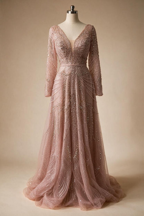 Zapdress Ccustomized Rose Gold Long Sleeves A-Line Beaded Evening Party Gowns Mother of the Bride Dress DLA70287L (ZD17336)