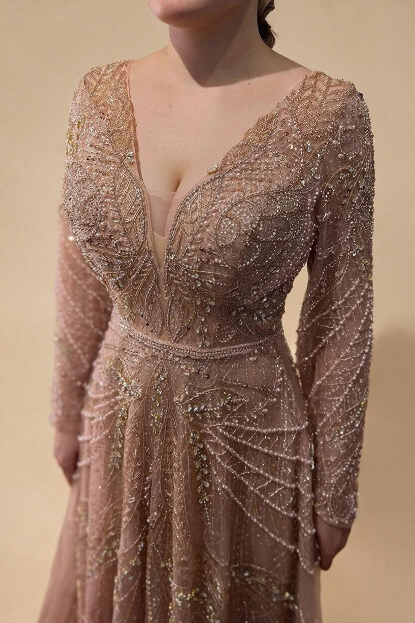 Zapdress Ccustomized Rose Gold Long Sleeves A-Line Beaded Evening Party Gowns Mother of the Bride Dress DLA70287L (ZD17336)