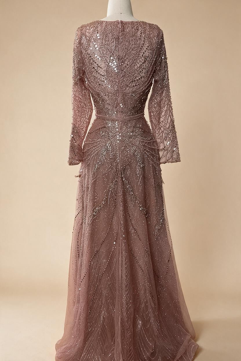 Zapdress Ccustomized Rose Gold Long Sleeves A-Line Beaded Evening Party Gowns Mother of the Bride Dress DLA70287L (ZD17336)
