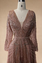 Zapdress Ccustomized Rose Gold Long Sleeves A-Line Beaded Evening Party Gowns Mother of the Bride Dress DLA70287L (ZD17336)