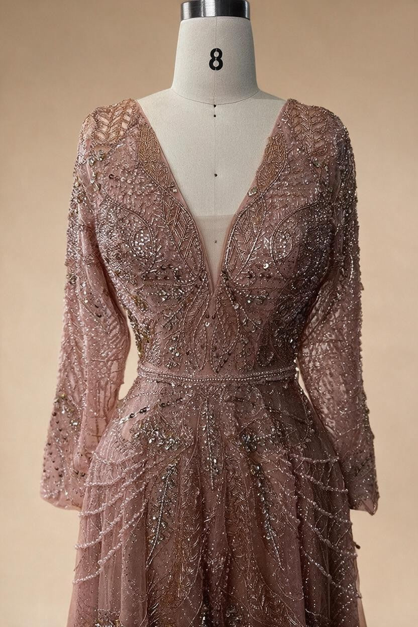 Zapdress Ccustomized Rose Gold Long Sleeves A-Line Beaded Evening Party Gowns Mother of the Bride Dress DLA70287L (ZD17336)