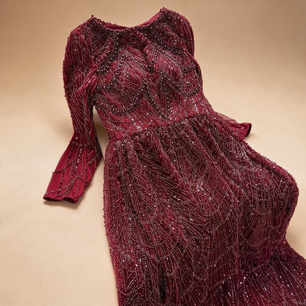 Zapdress Wine Red Long Sleeves Muslim A-line Evening Dress Pearls Beaded Party Gowns for Women Plus Size Customized DLA72738B (ZD17339)