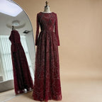 Zapdress Wine Red Long Sleeves Muslim A-line Evening Dress Pearls Beaded Party Gowns for Women Plus Size Customized DLA72738B (ZD17339)