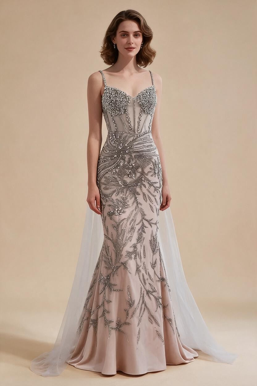 Zapdress Silver Nude Mermaid Beaded Evening Dress with Cape DLA73342 Wedding Party Gowns for Women 2026 Customized (ZD17344)