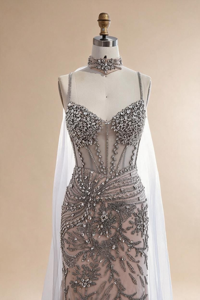 Zapdress Silver Nude Mermaid Beaded Evening Dress with Cape DLA73342 Wedding Party Gowns for Women 2026 Customized (ZD17344)