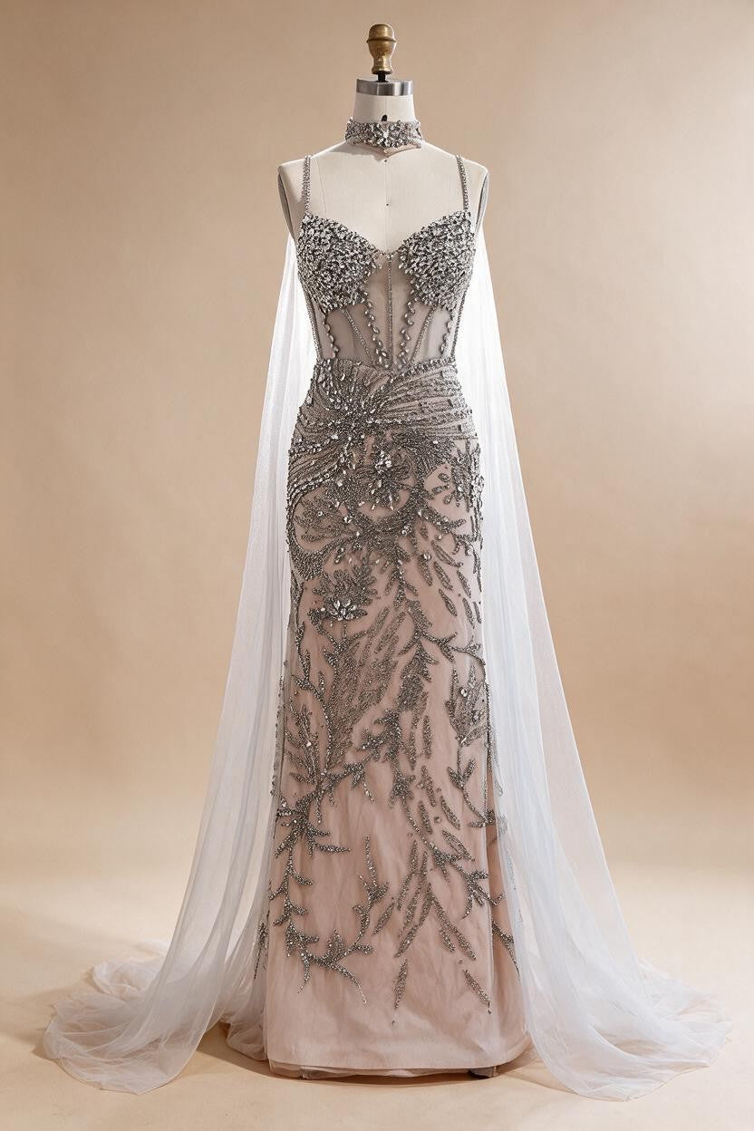 Zapdress Silver Nude Mermaid Beaded Evening Dress with Cape DLA73342 Wedding Party Gowns for Women 2026 Customized (ZD17344)