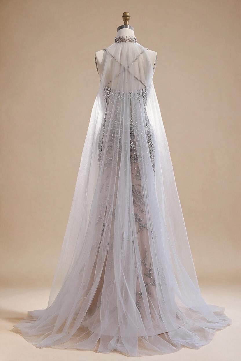 Zapdress Silver Nude Mermaid Beaded Evening Dress with Cape DLA73342 Wedding Party Gowns for Women 2026 Customized (ZD17344)