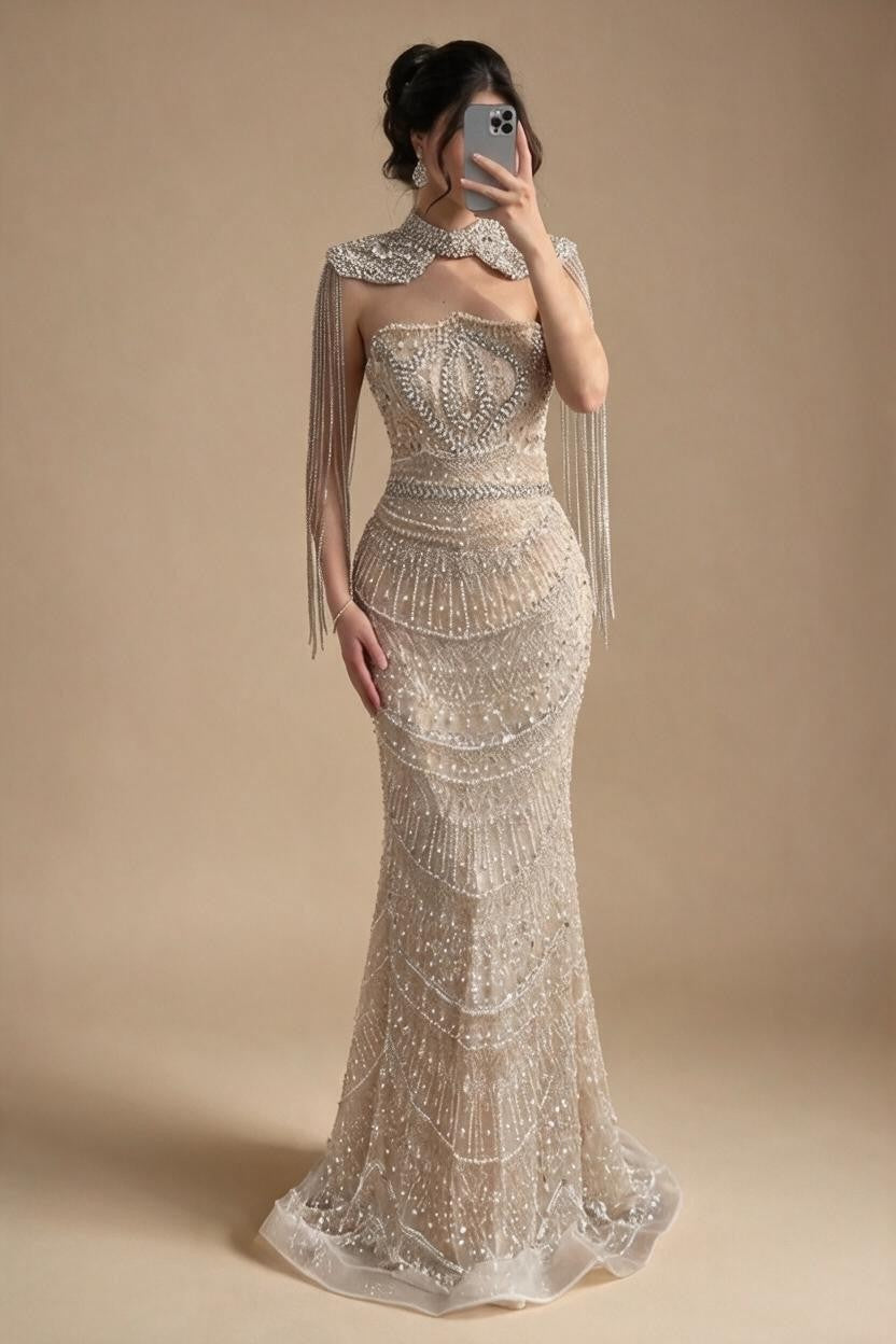 Zapdress Luxury Beaded Mermaid Evening Dress Elegant Crystal Tassel Cape Celebrity Party Gown Vestidos Customized DLA73450A (ZD17347)