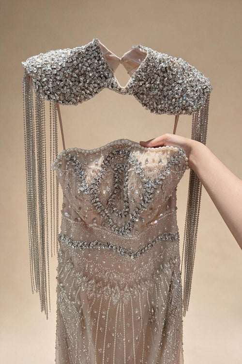 Zapdress Luxury Beaded Mermaid Evening Dress Elegant Crystal Tassel Cape Celebrity Party Gown Vestidos Customized DLA73450A (ZD17347)