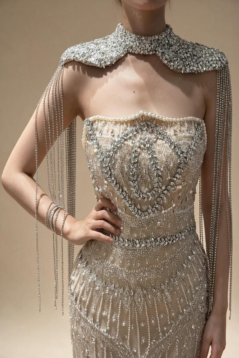 Zapdress Luxury Beaded Mermaid Evening Dress Elegant Crystal Tassel Cape Celebrity Party Gown Vestidos Customized DLA73450A (ZD17347)
