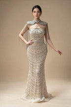 Zapdress Luxury Beaded Mermaid Evening Dress Elegant Crystal Tassel Cape Celebrity Party Gown Vestidos Customized DLA73450A (ZD17347)