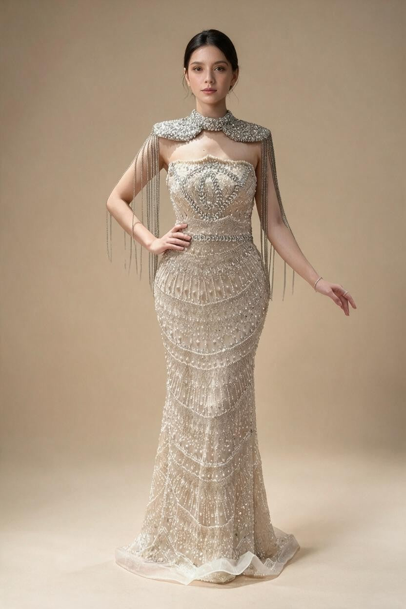 Zapdress Luxury Beaded Mermaid Evening Dress Elegant Crystal Tassel Cape Celebrity Party Gown Vestidos Customized DLA73450A (ZD17347)