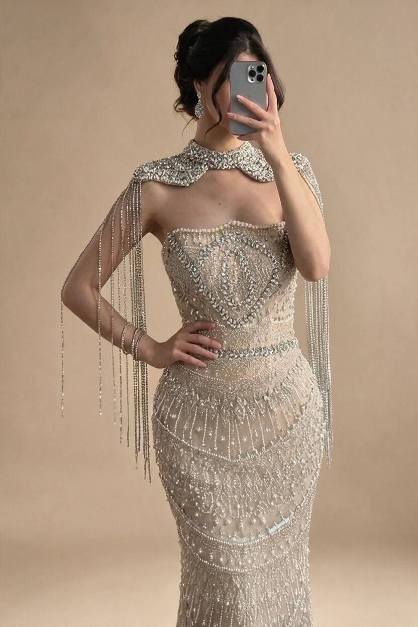 Zapdress Luxury Beaded Mermaid Evening Dress Elegant Crystal Tassel Cape Celebrity Party Gown Vestidos Customized DLA73450A (ZD17347)