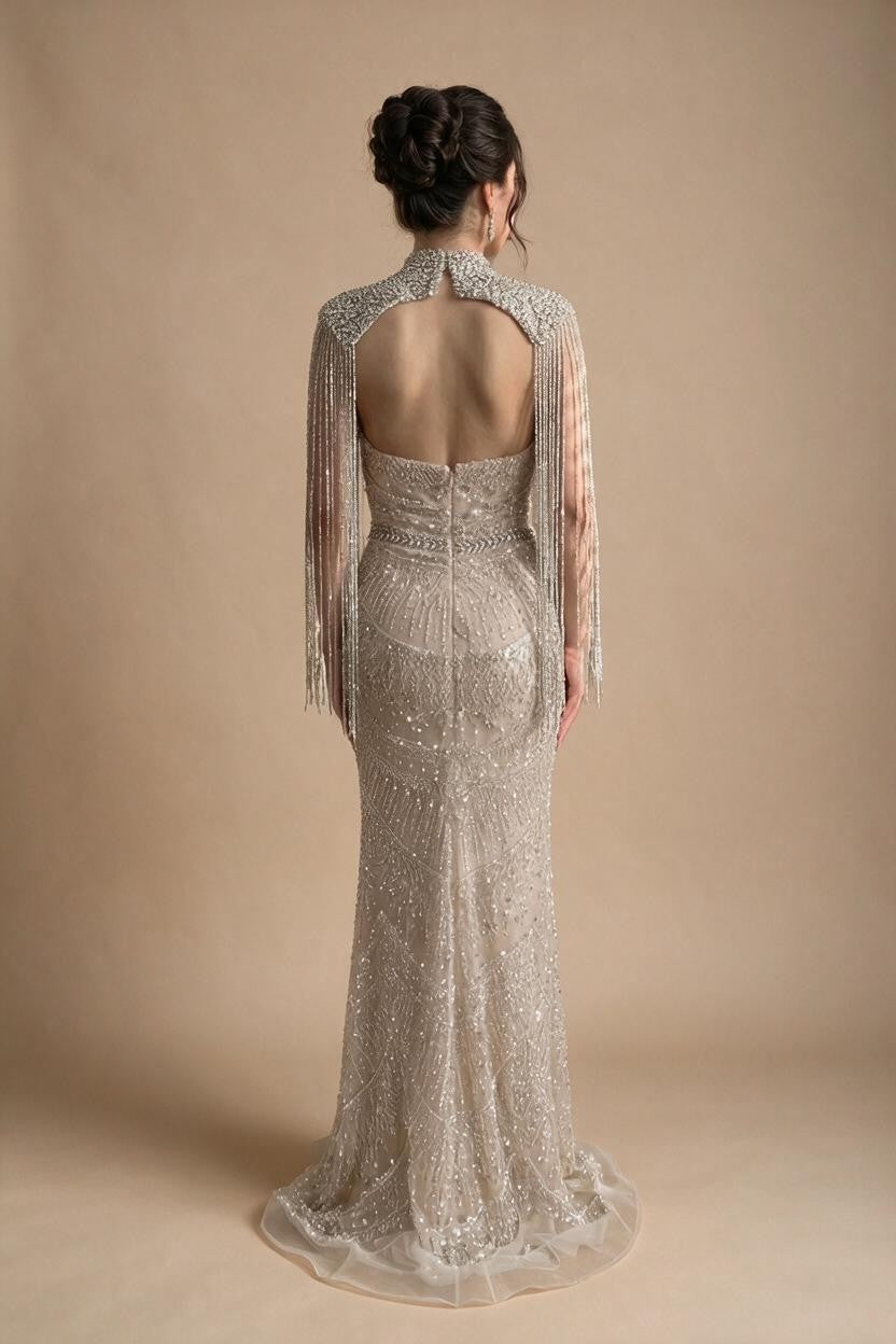 Zapdress Luxury Beaded Mermaid Evening Dress Elegant Crystal Tassel Cape Celebrity Party Gown Vestidos Customized DLA73450A (ZD17347)