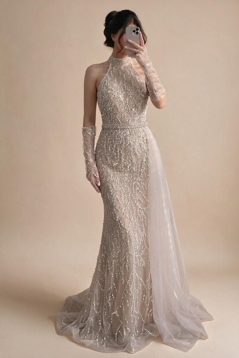 Zapdress White Nude Pearls Halter Mermaid Evening Gowns with Gloves Formal Party Dresses for Women 2026 Customized DLA72345F (ZD17349)