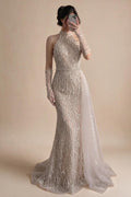 Zapdress White Nude Pearls Halter Mermaid Evening Gowns with Gloves Formal Party Dresses for Women 2026 Customized DLA72345F (ZD17349)